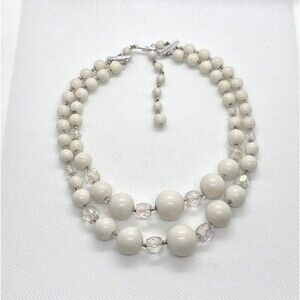 Vintage Japan White Beaded 2 Strand Graduated Bead‎ 14 - 16'' Choker Necklace
